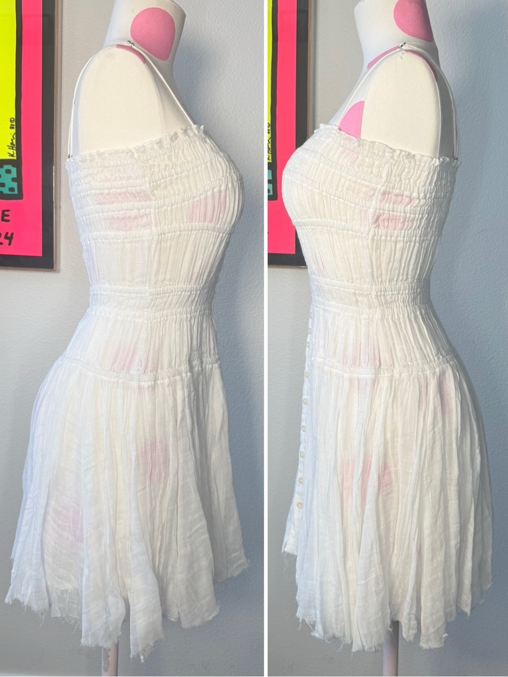 Free People FP One Lausanne Slip White Smocked Buttondown Sleeveless Dress Sz XS - Picture 5 of 16